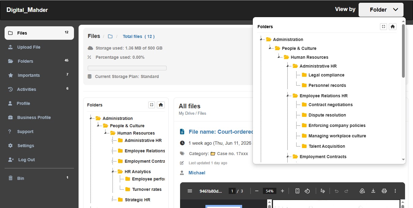 Digital_Mahder dashboard showing jsTree folder navigation and document workspace