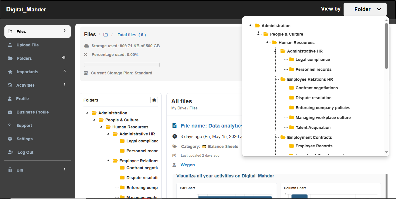 Digital_Mahder dashboard showing jsTree folder navigation and document workspace