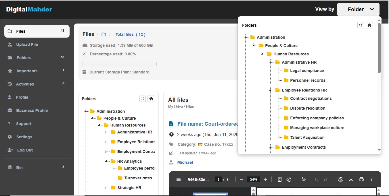 DigitalMahder dashboard showing jsTree folder navigation and document workspace